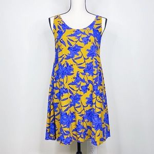 H&M Blue Mustard Yellow Floral Leaf Print Sleeveless Swing Dress Size 6, Small